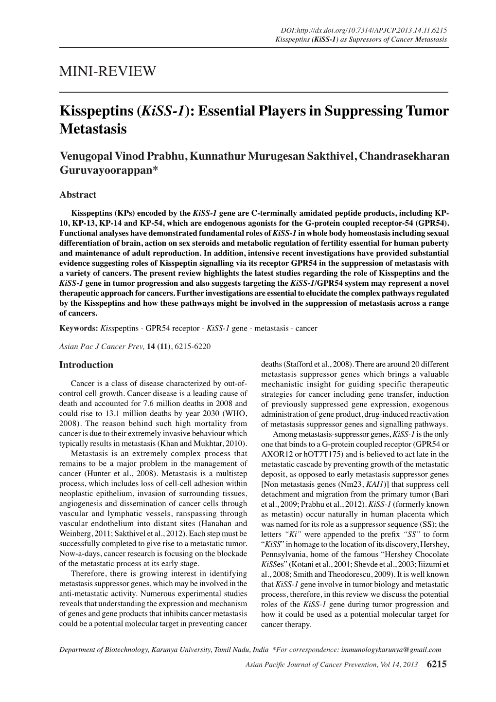 (Kiss-1): Essential Players in Suppressing Tumor Metastasis