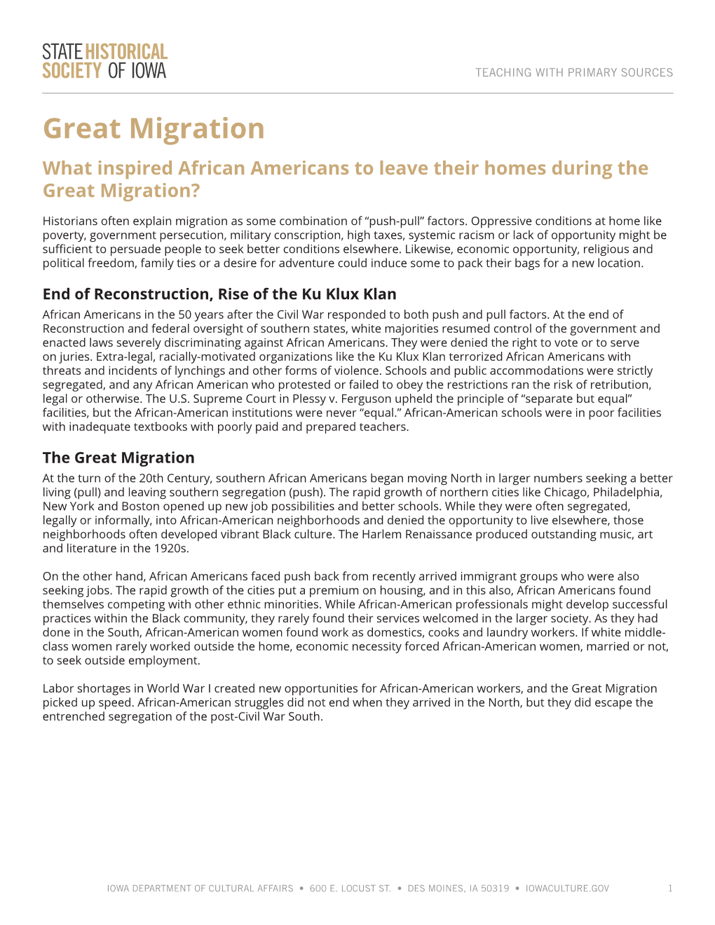 Great Migration Teaching Guide