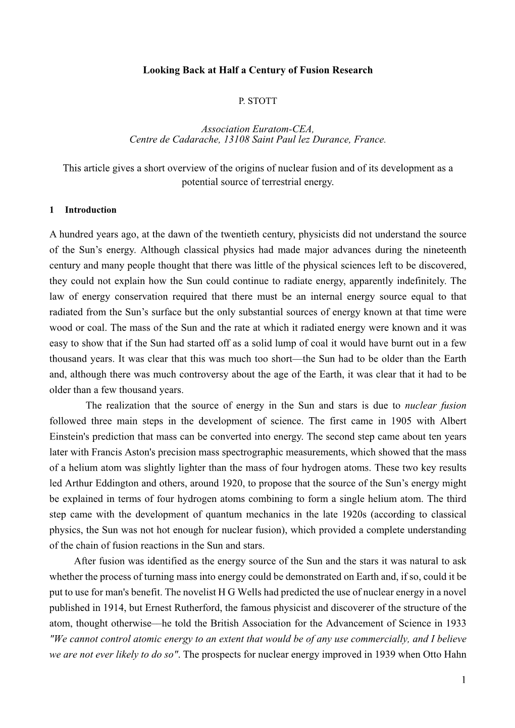 1 Looking Back at Half a Century of Fusion Research Association Euratom-CEA, Centre De