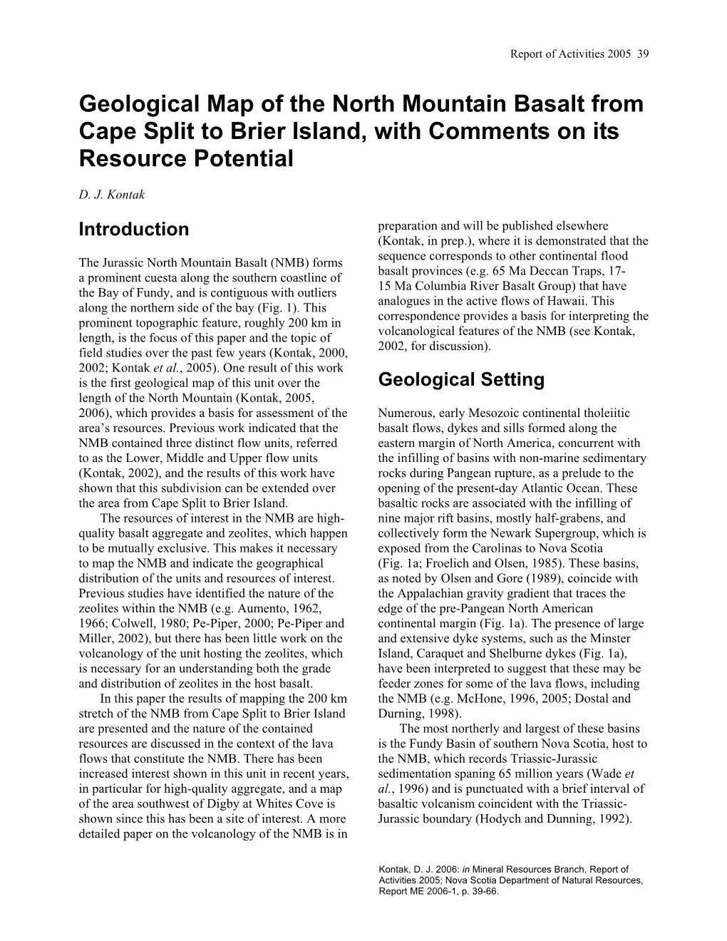 Geological Map of the North Mountain Basalt from Cape Split to Brier Island, with Comments on Its Resource Potential