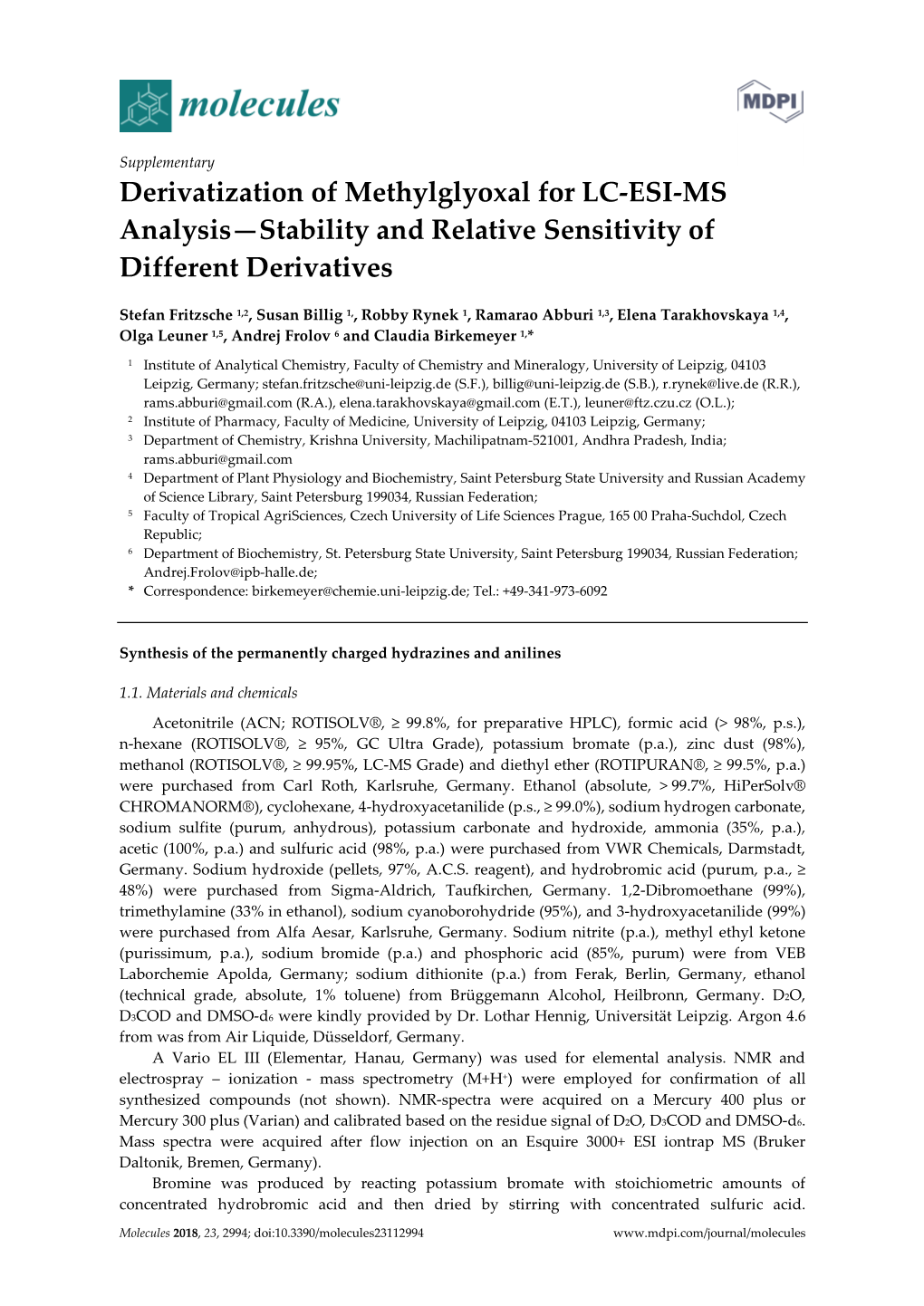 Derivatization of Methylglyoxal for LC-ESI-MS Analysis—Stability and Relative Sensitivity of Different Derivatives