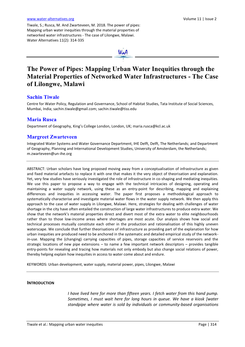 The Power of Pipes: Mapping Urban Water Inequities Through the Material Properties of Networked Water Infrastructures - the Case of Lilongwe, Malawi