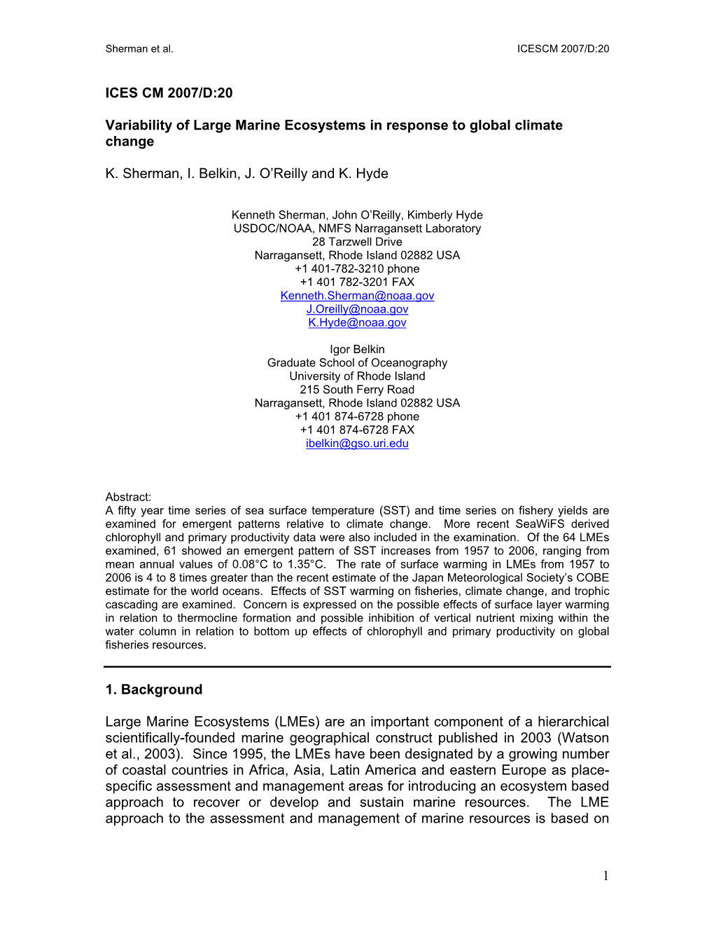 Variability of Large Marine Ecosystems in Response to Global Climate Change