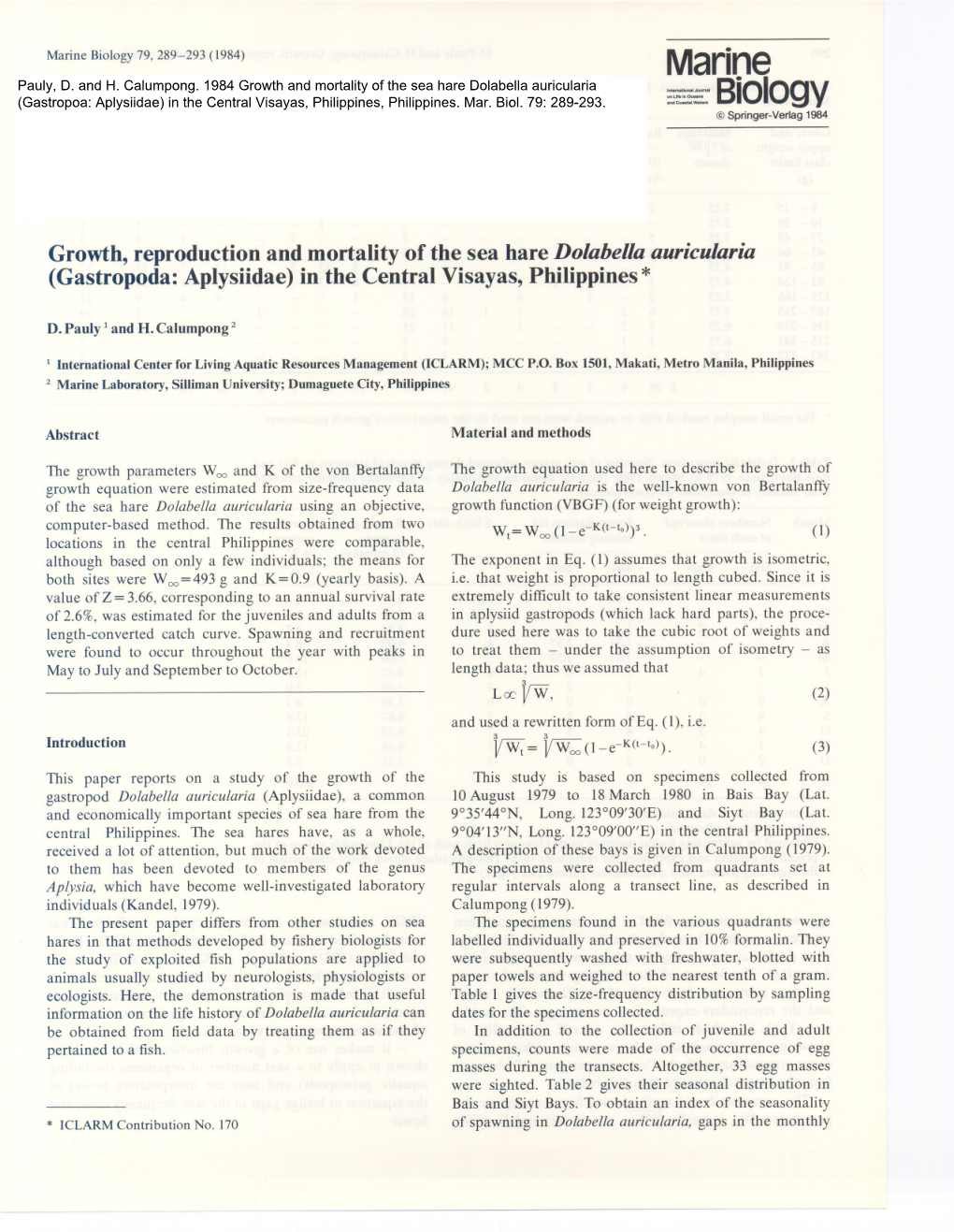 Marine Biology 79,289-293 (1984) Marine :E:~ Biology @ Springer-Vertag 1984