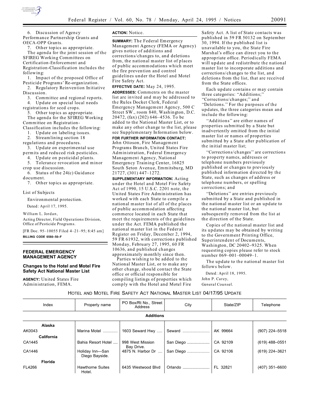 Federal Register / Vol. 60, No. 78 / Monday, April 24, 1995 / Notices 20091