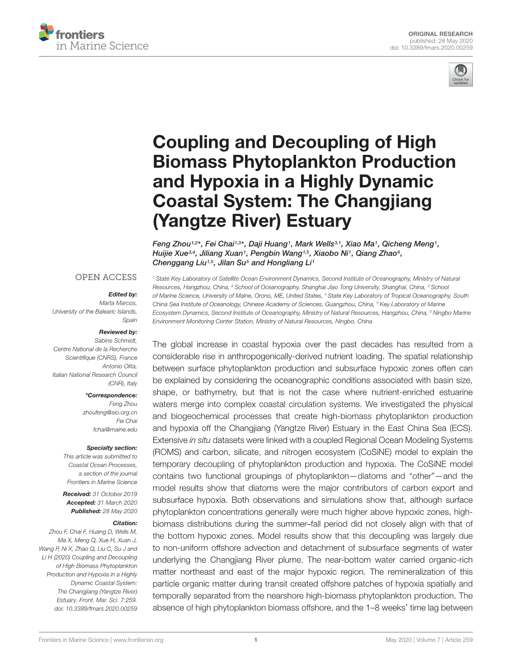 Coupling and Decoupling of High Biomass Phytoplankton Production and Hypoxia in a Highly Dynamic Coastal System: the Changjiang (Yangtze River) Estuary