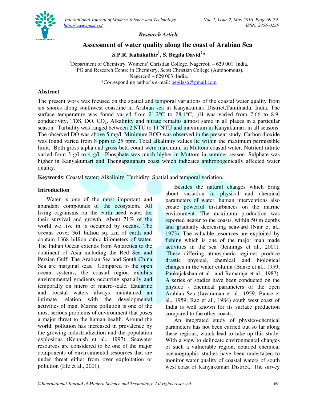 Assessment of Water Quality Along the Coast of Arabian Sea S.P.R