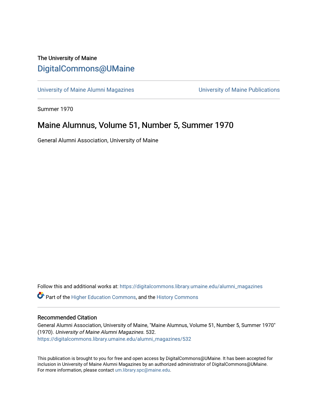 Maine Alumnus, Volume 51, Number 5, Summer 1970