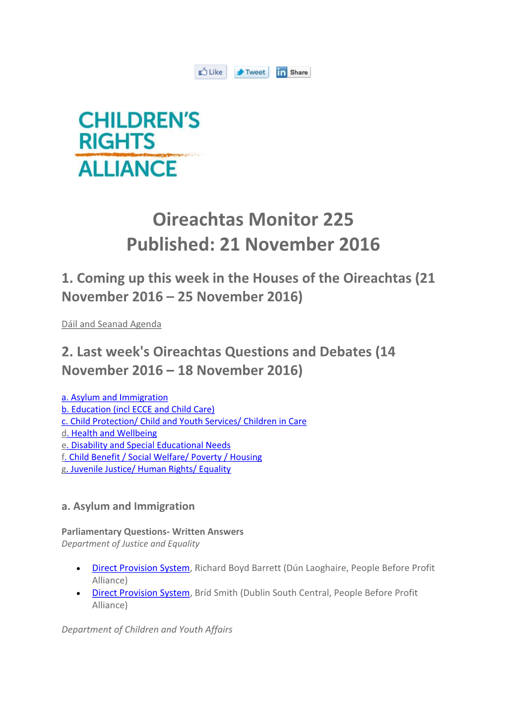 Oireachtas Monitor 225 Published: 21 November 2016