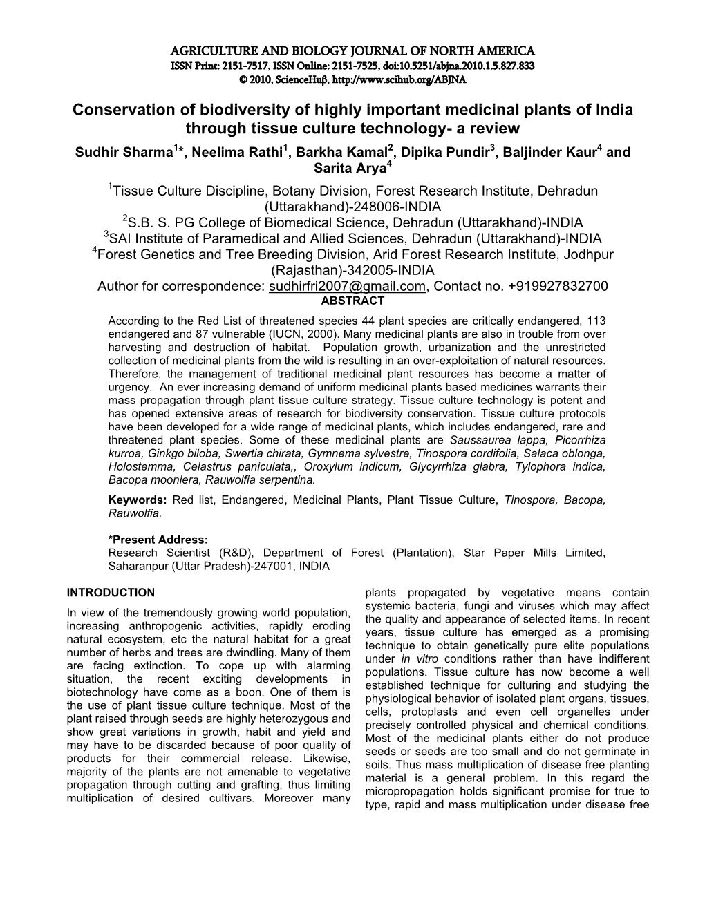 Conservation of Biodiversity of Highly Important Medicinal Plants of India Through Tissue Culture Technology