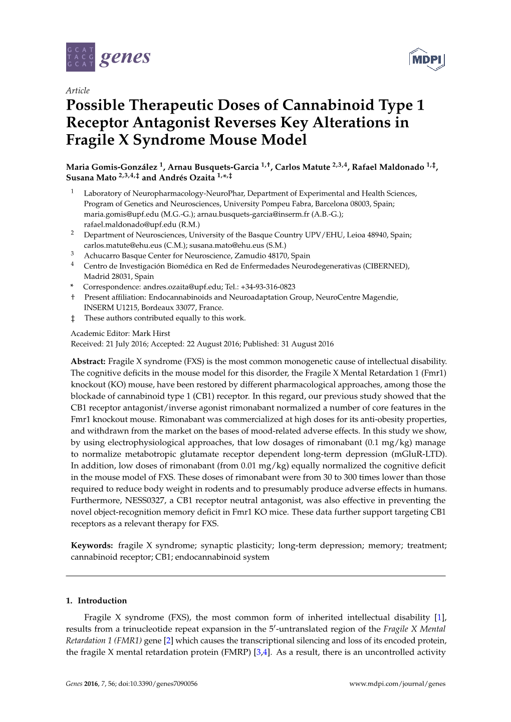 Possible Therapeutic Doses of Cannabinoid Type 1 Receptor Antagonist Reverses Key Alterations in Fragile X Syndrome Mouse Model