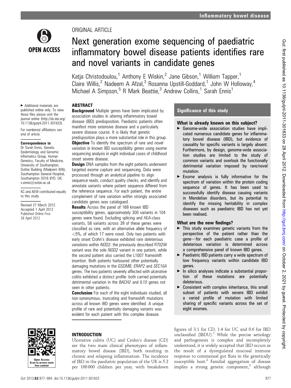 Next Generation Exome Sequencing of Paediatric Inflammatory Bowel