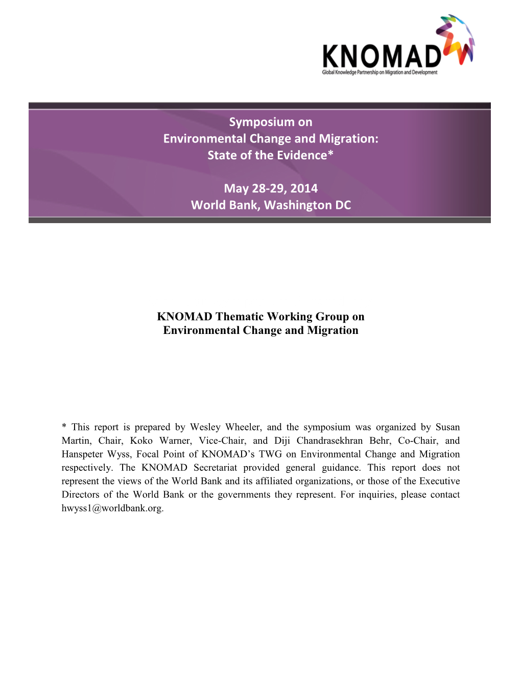 Report on Symposium Proceedings: KNOMAD Thematic Working Group on Environmental Change and Migration