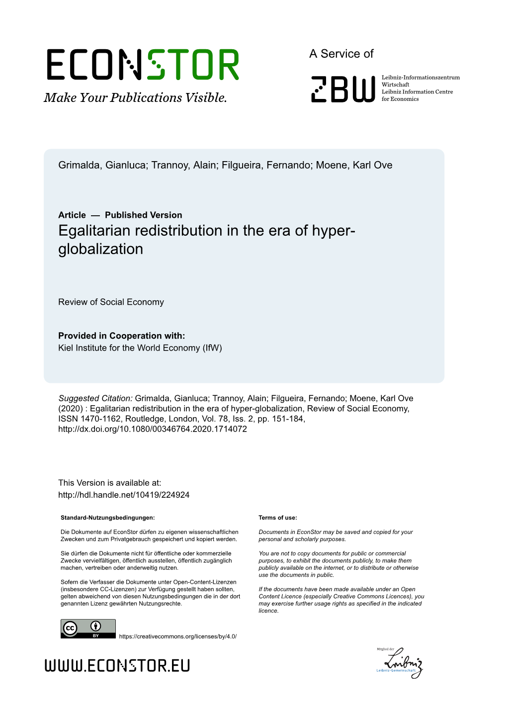 Egalitarian Redistribution in the Era of Hyper-Globalization, Review of Social Economy, ISSN 1470-1162, Routledge, London, Vol