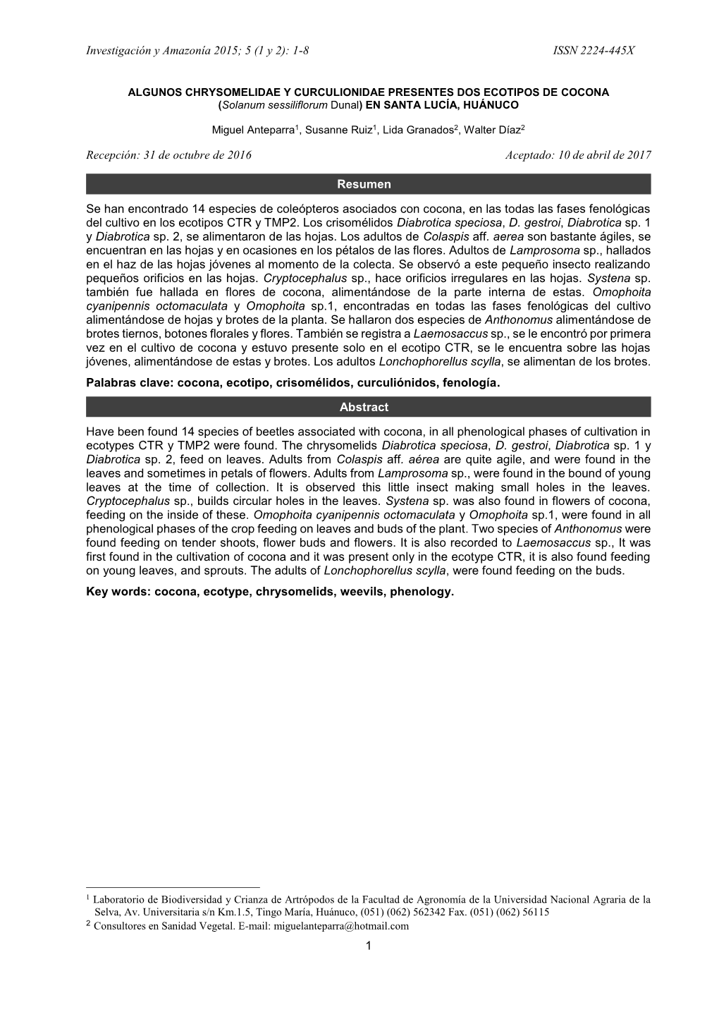 Investigación Y Amazonía 2015; 5 (1 Y 2): 1-8 ISSN 2224-445X 1 Recepción