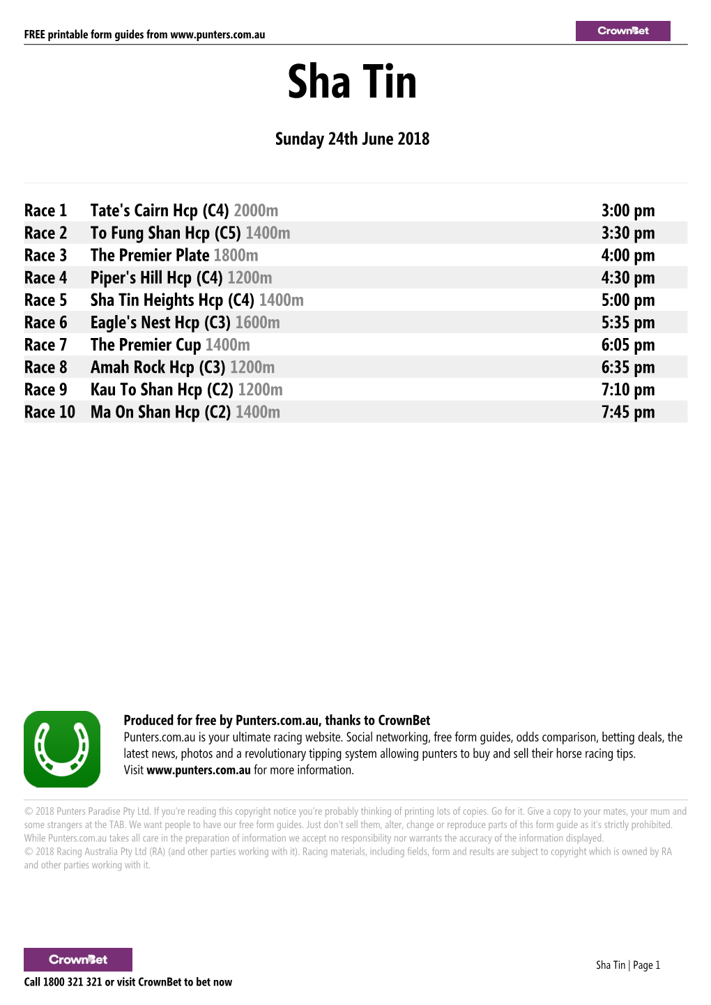 Sha Tin Printable Form Guide