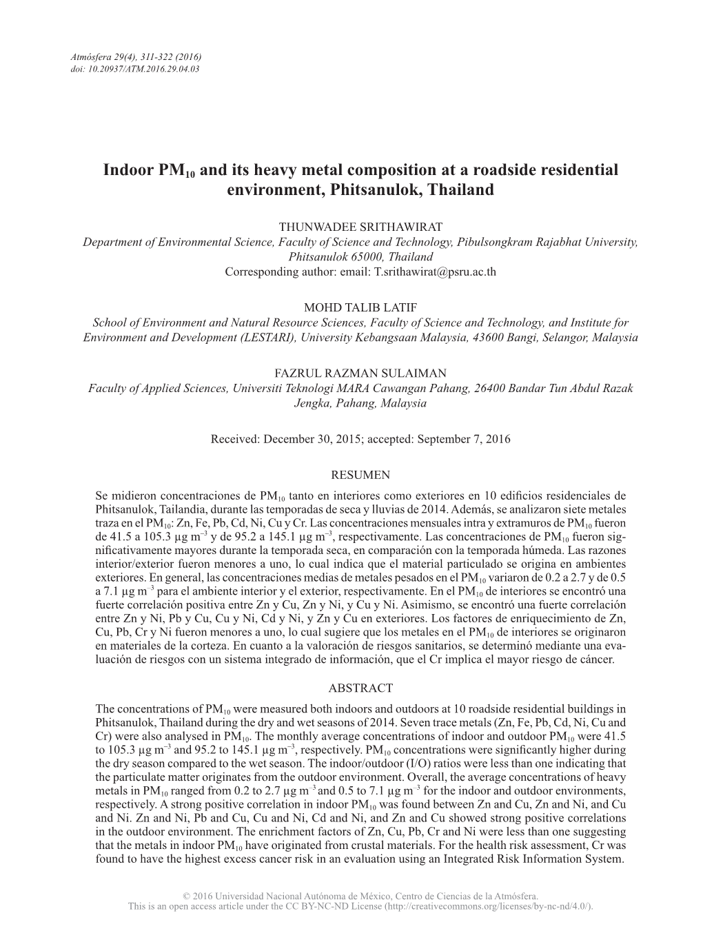 Indoor PM10 and Its Heavy Metal Composition at a Roadside Residential Environment, Phitsanulok, Thailand