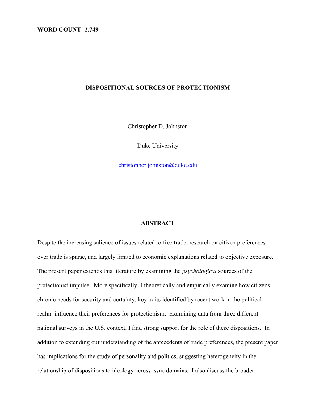 Dispositional Sources of Protectionism