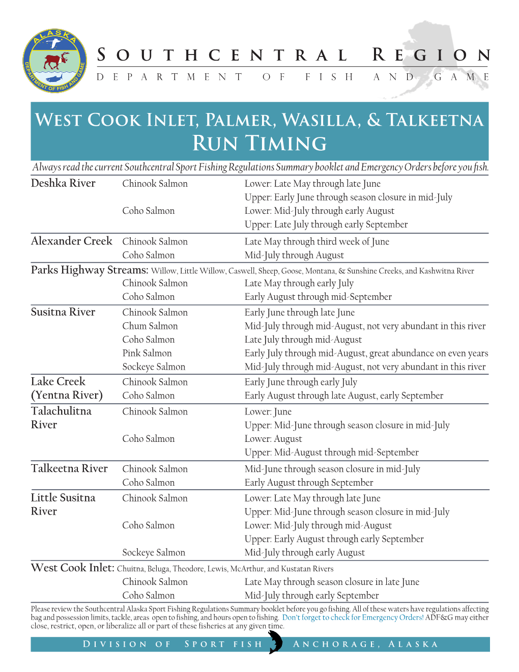 Run Timing Always Read the Current Southcentral Sport Fishing Regulations Summary Booklet and Emergency Orders Before You Fish