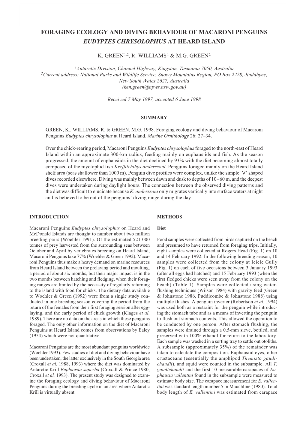 Foraging Ecology and Diving Behaviour of Macaroni Penguins 27