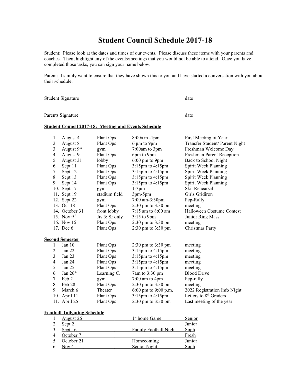 Student Council Schedule 2017-18