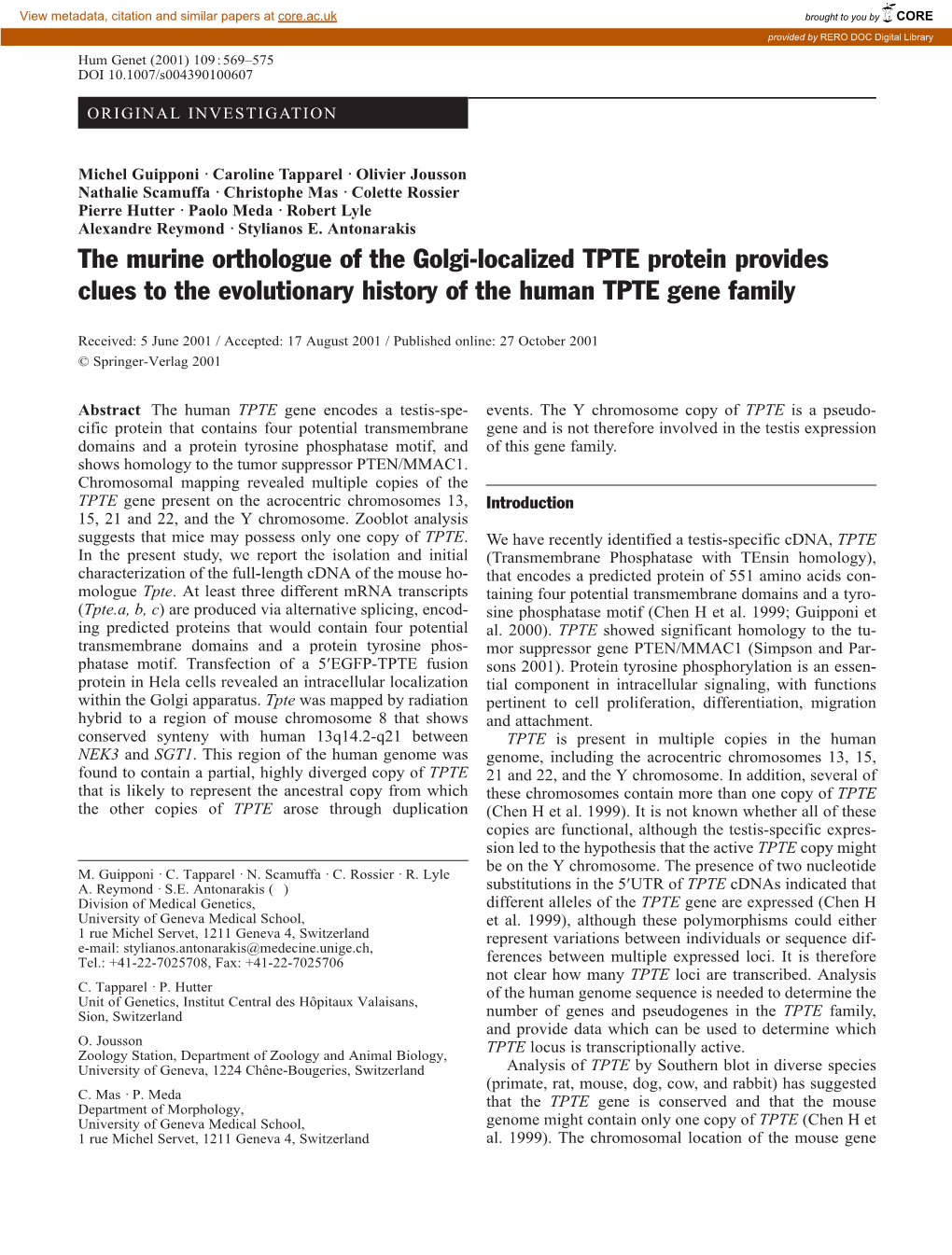 The Murine Orthologue of the Golgi-Localized TPTE Protein Provides Clues to the Evolutionary History of the Human TPTE Gene Family