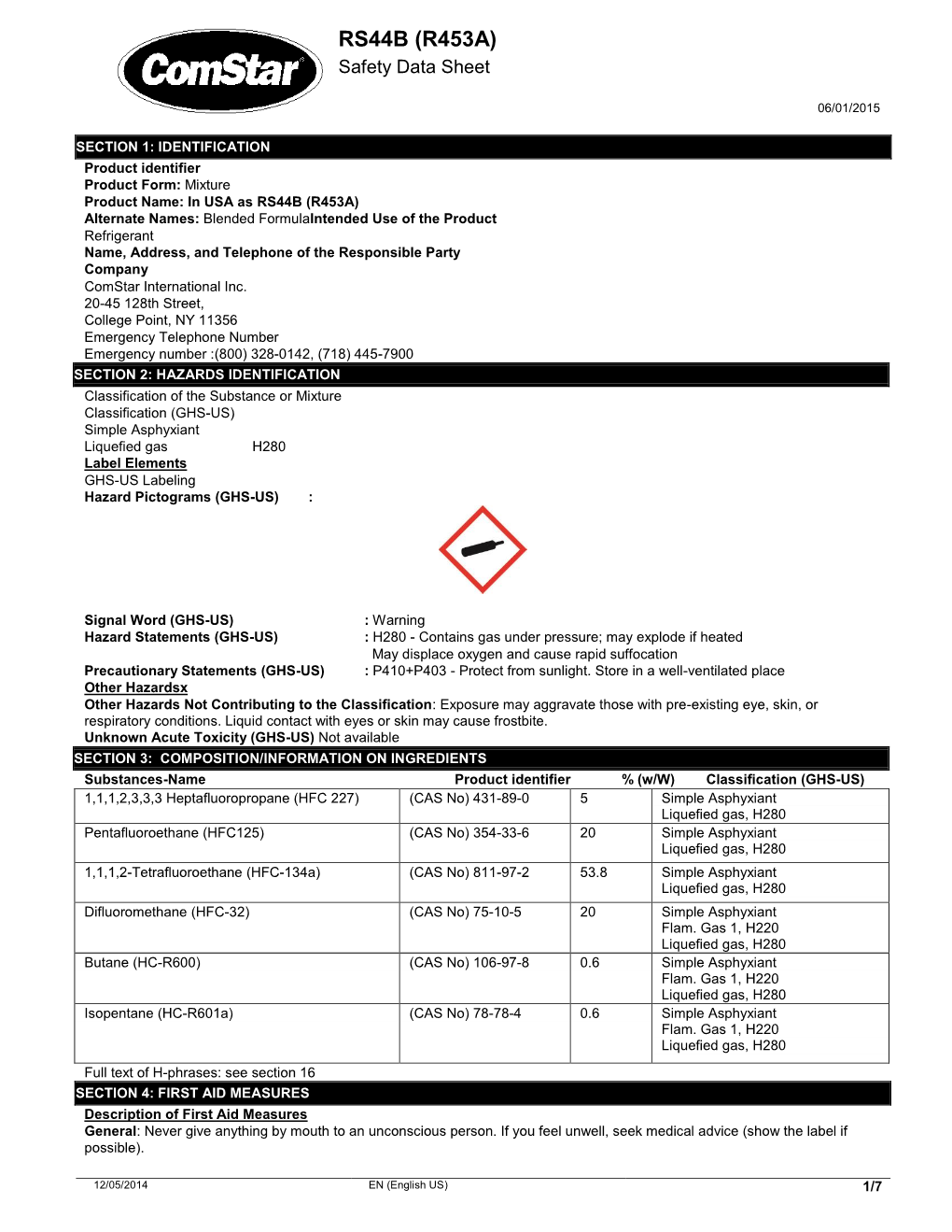RS44B (R453A) Safety Data Sheet