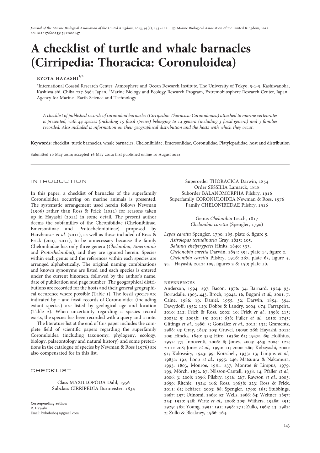 A Checklist of Turtle and Whale Barnacles