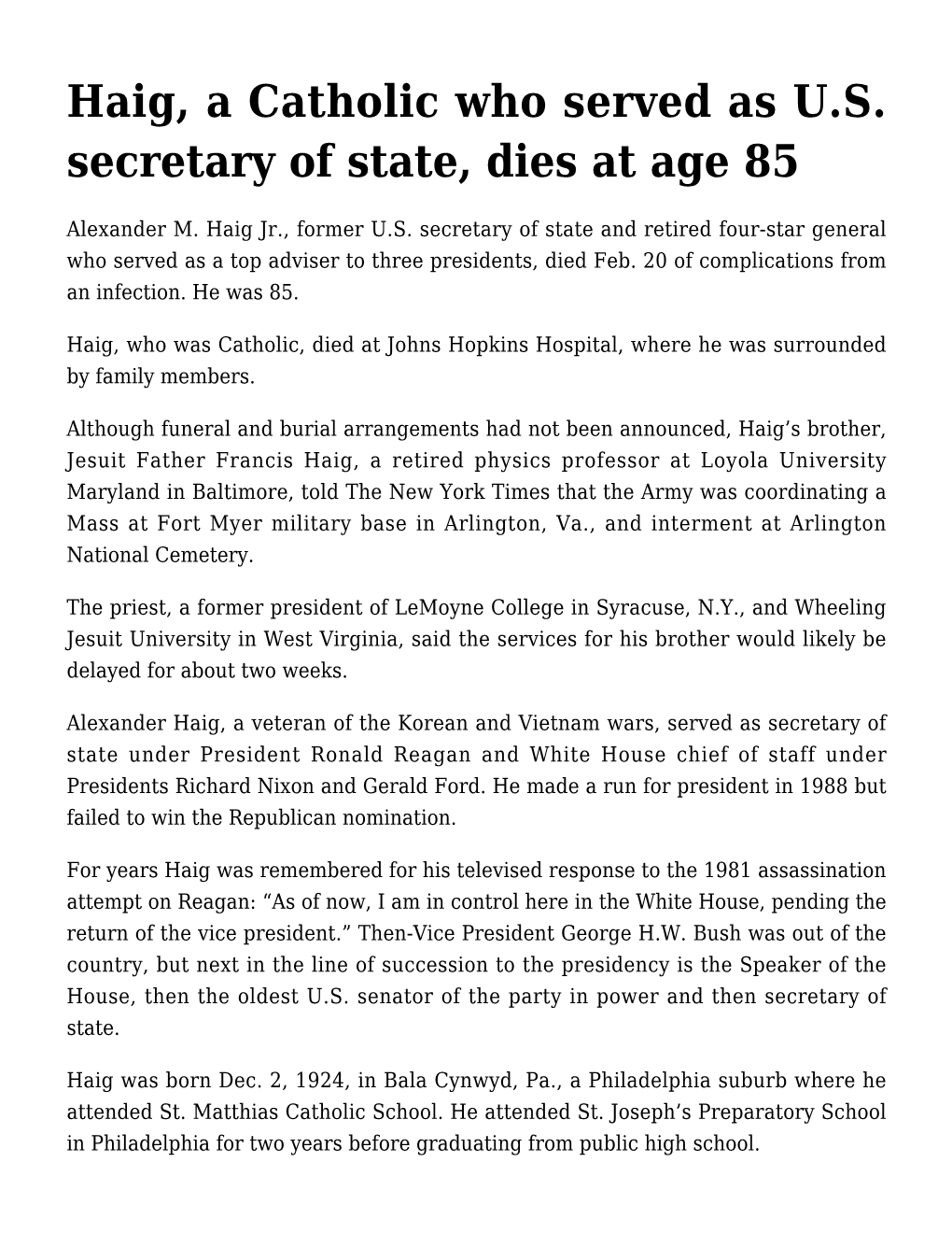 Haig, a Catholic Who Served As U.S. Secretary of State, Dies at Age 85