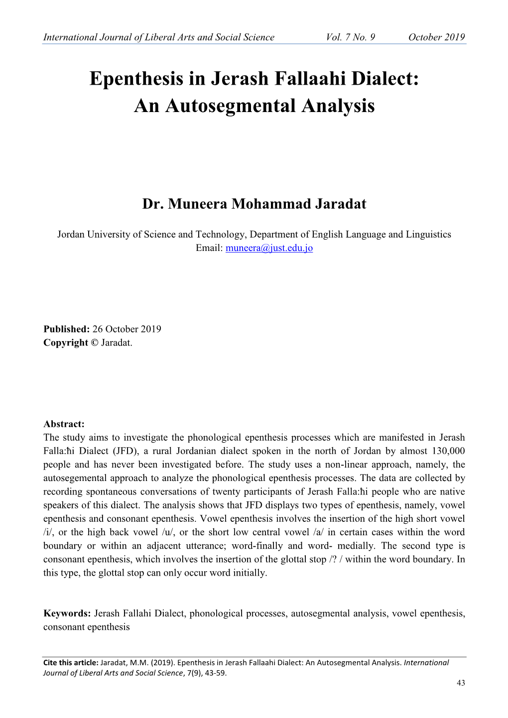 Epenthesis in Jerash Fallaahi Dialect: an Autosegmental Analysis