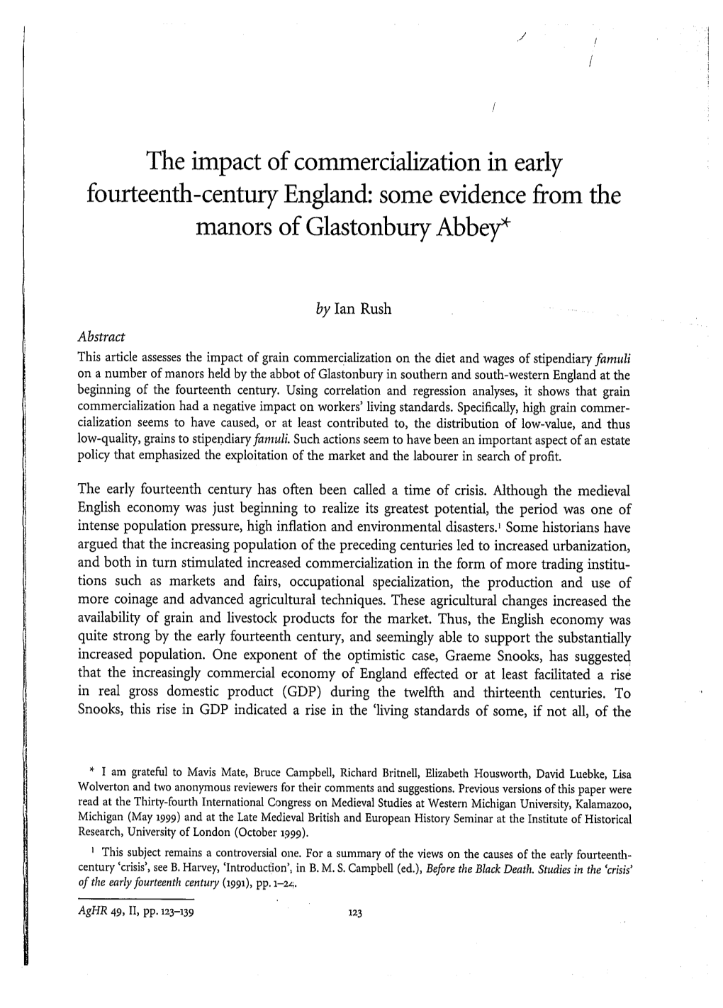 The Impact of Commercialization in Early Fourteenth-Century England: Some Evidence from the Manors of Glastonbury Abbey