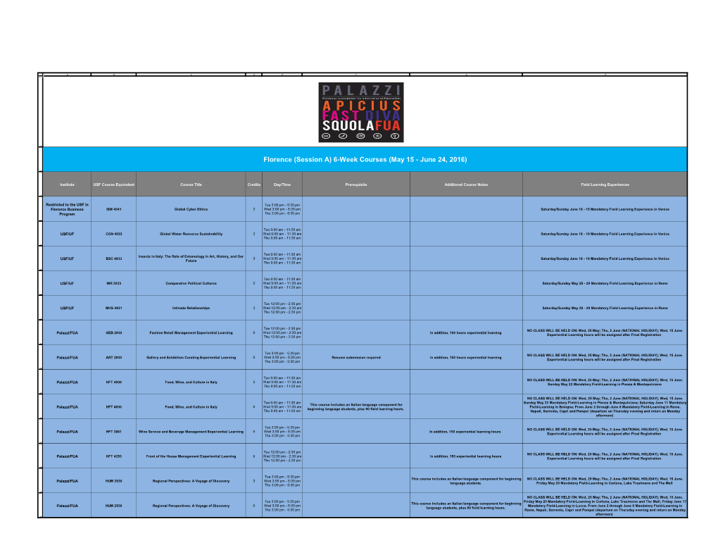 Florence (Session A) 6-Week Courses (May 15 - June 24, 2016)