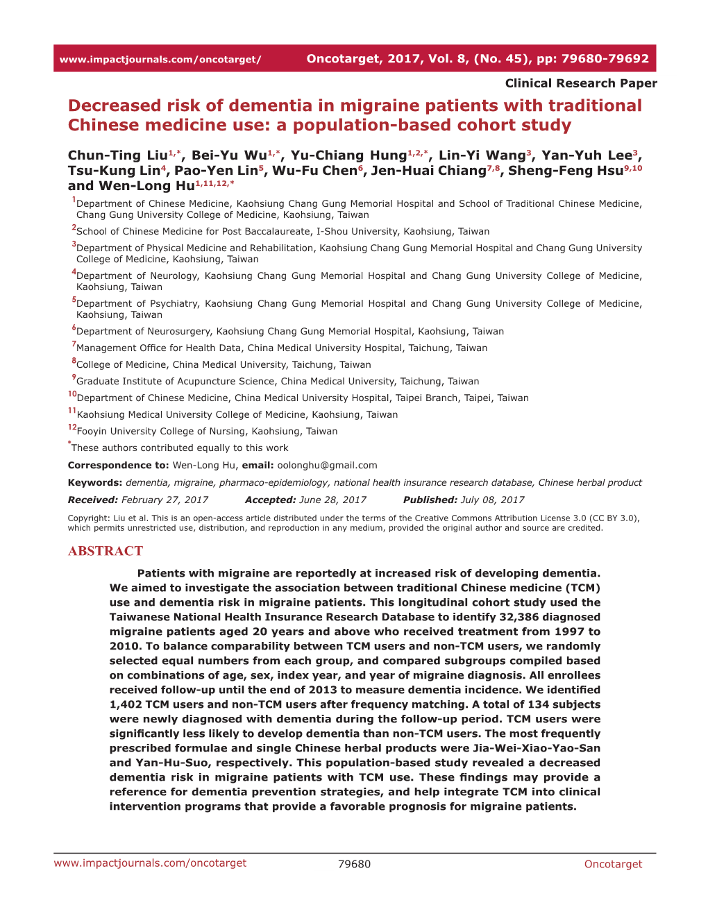 Decreased Risk of Dementia in Migraine Patients with Traditional Chinese Medicine Use: a Population-Based Cohort Study