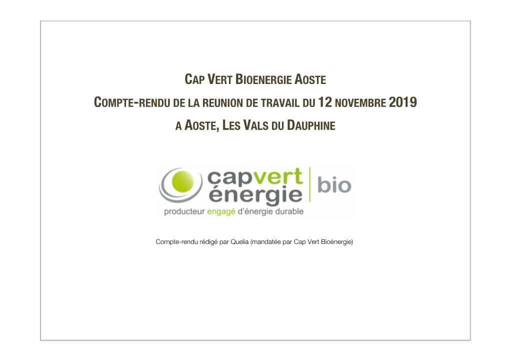 Cap Vert Bioenergie Aoste Compte-Rendu De La Reunion De Travail Du 12 Novembre 2019 a Aoste, Les Vals Du Dauphine