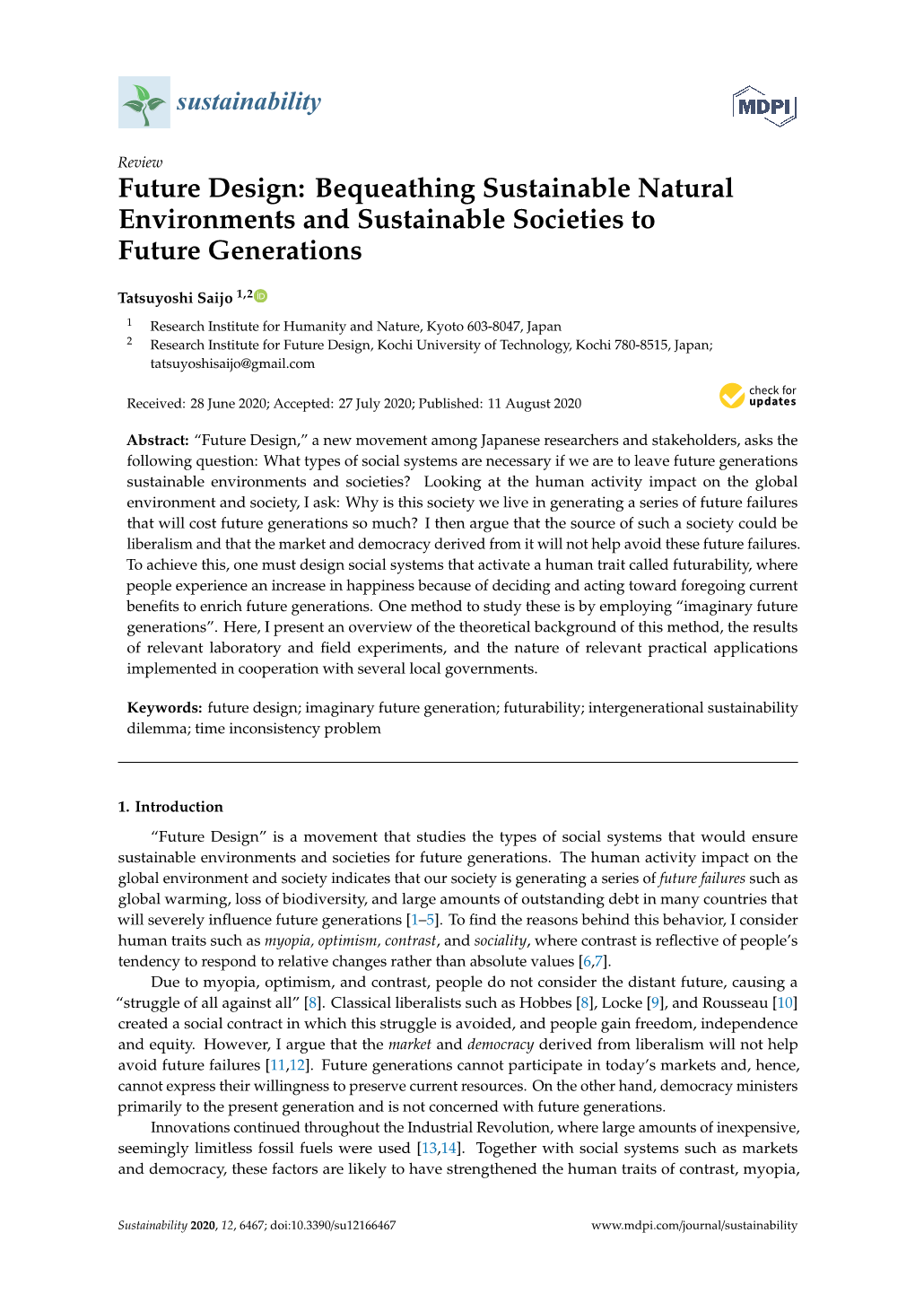 Future Design: Bequeathing Sustainable Natural Environments and Sustainable Societies to Future Generations