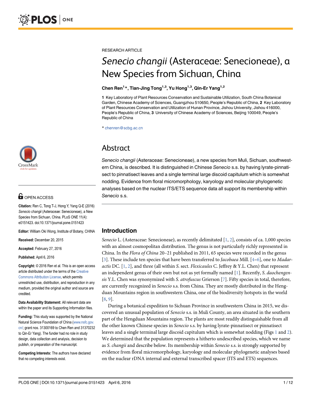 Senecio Changii (Asteraceae: Senecioneae), a New Species from Sichuan, China