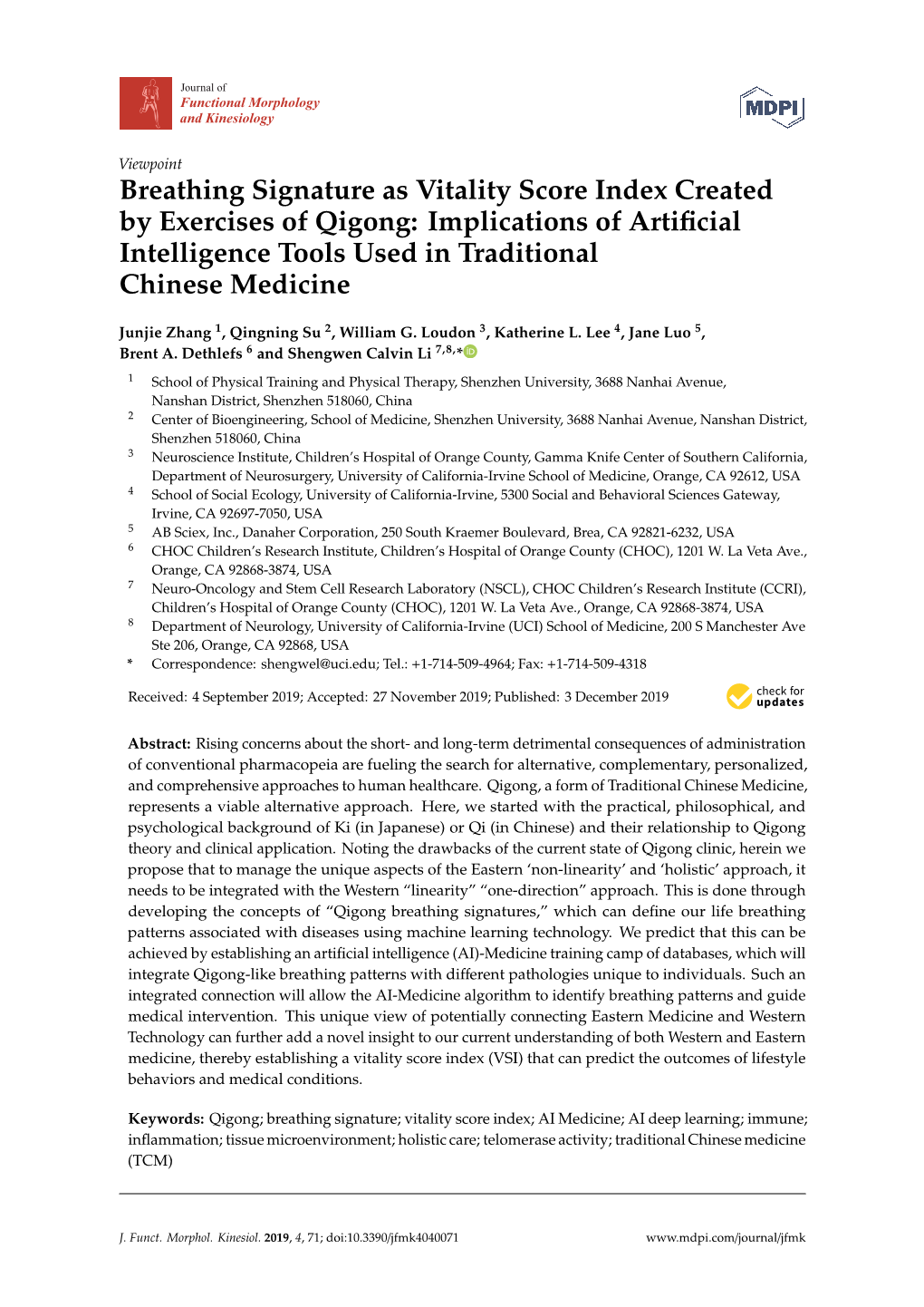 Breathing Signature As Vitality Score Index Created by Exercises of Qigong: Implications of Artiﬁcial Intelligence Tools Used in Traditional Chinese Medicine