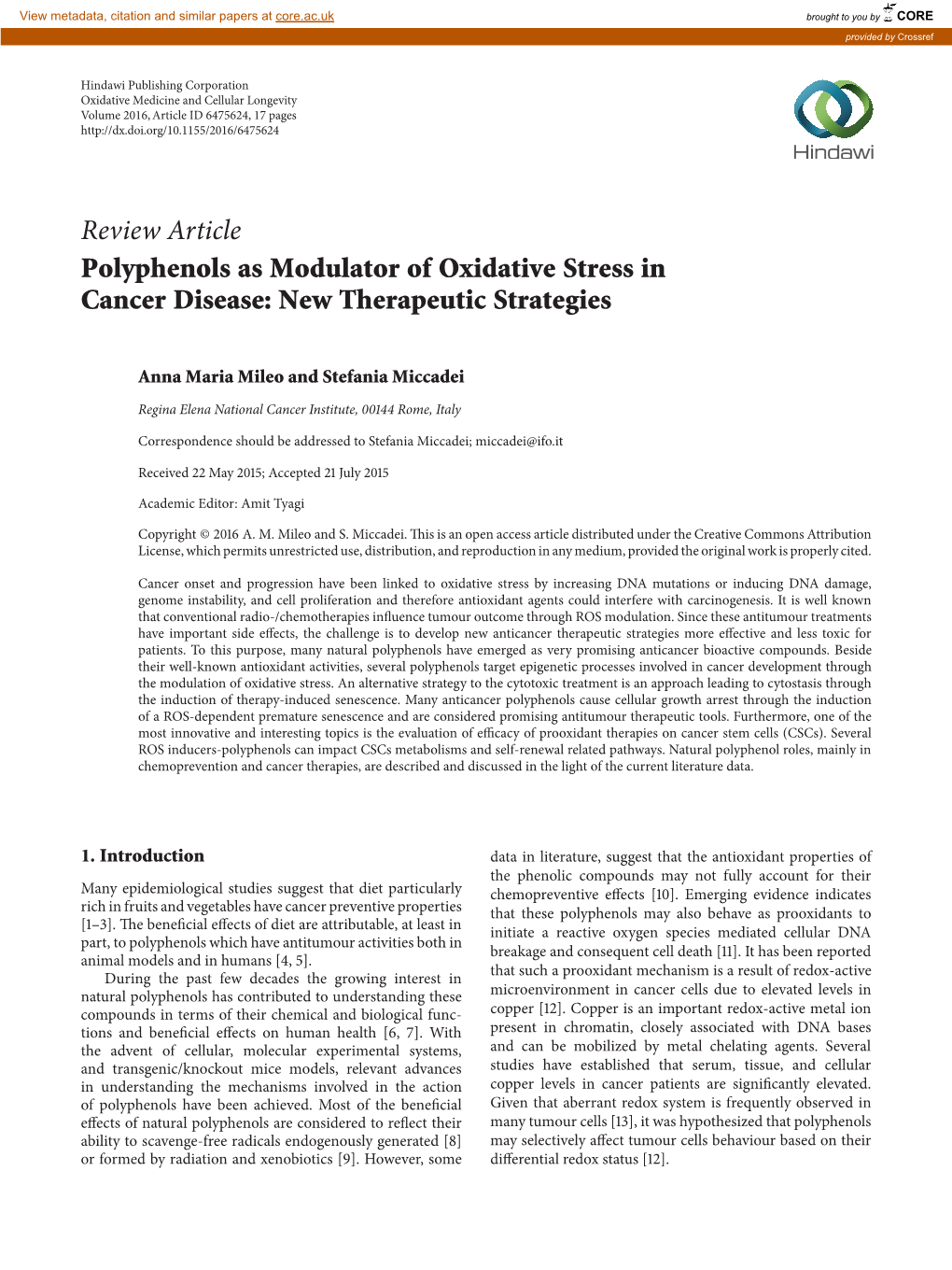 Review Article Polyphenols As Modulator of Oxidative Stress in Cancer Disease: New Therapeutic Strategies