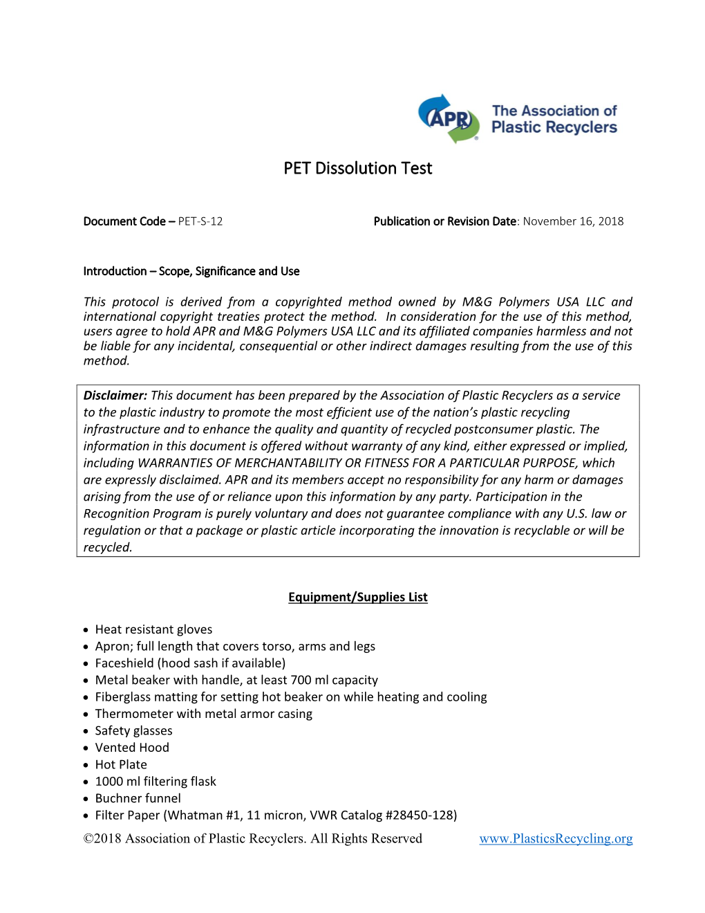 APR PET S-12 Dissolution Screening