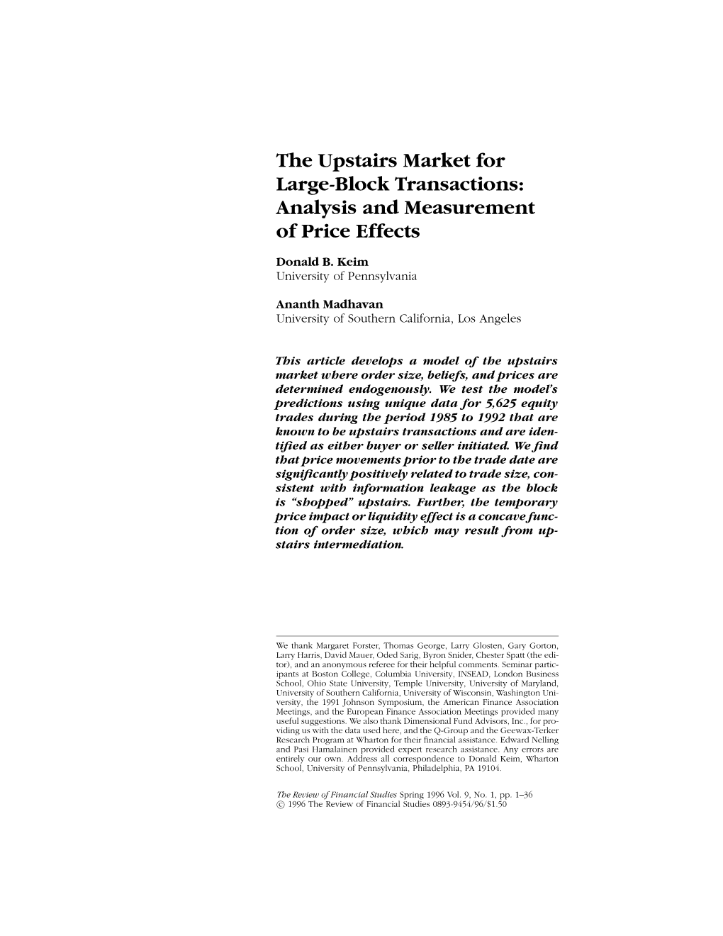 The Upstairs Market for Large-Block Transactions: Analysis and Measurement of Price Effects