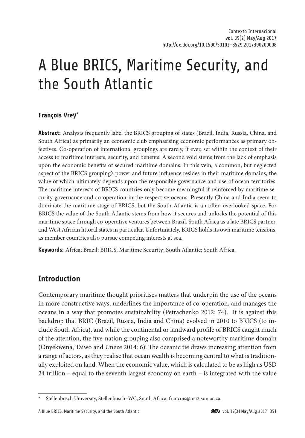 A Blue BRICS, Maritime Security, and the South Atlantic François Vreÿ