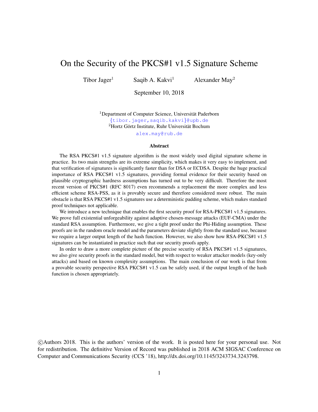 On the Security of the PKCS#1 V1.5 Signature Scheme