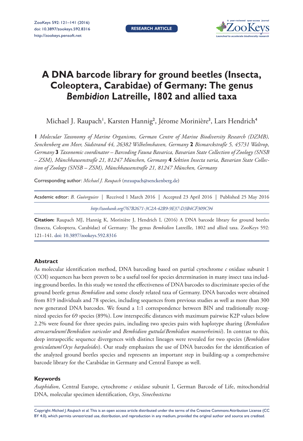 A DNA Barcode Library for Ground Beetles (Insecta, Coleoptera, Carabidae) of Germany: the Genus Bembidion Latreille, 1802 and Allied Taxa