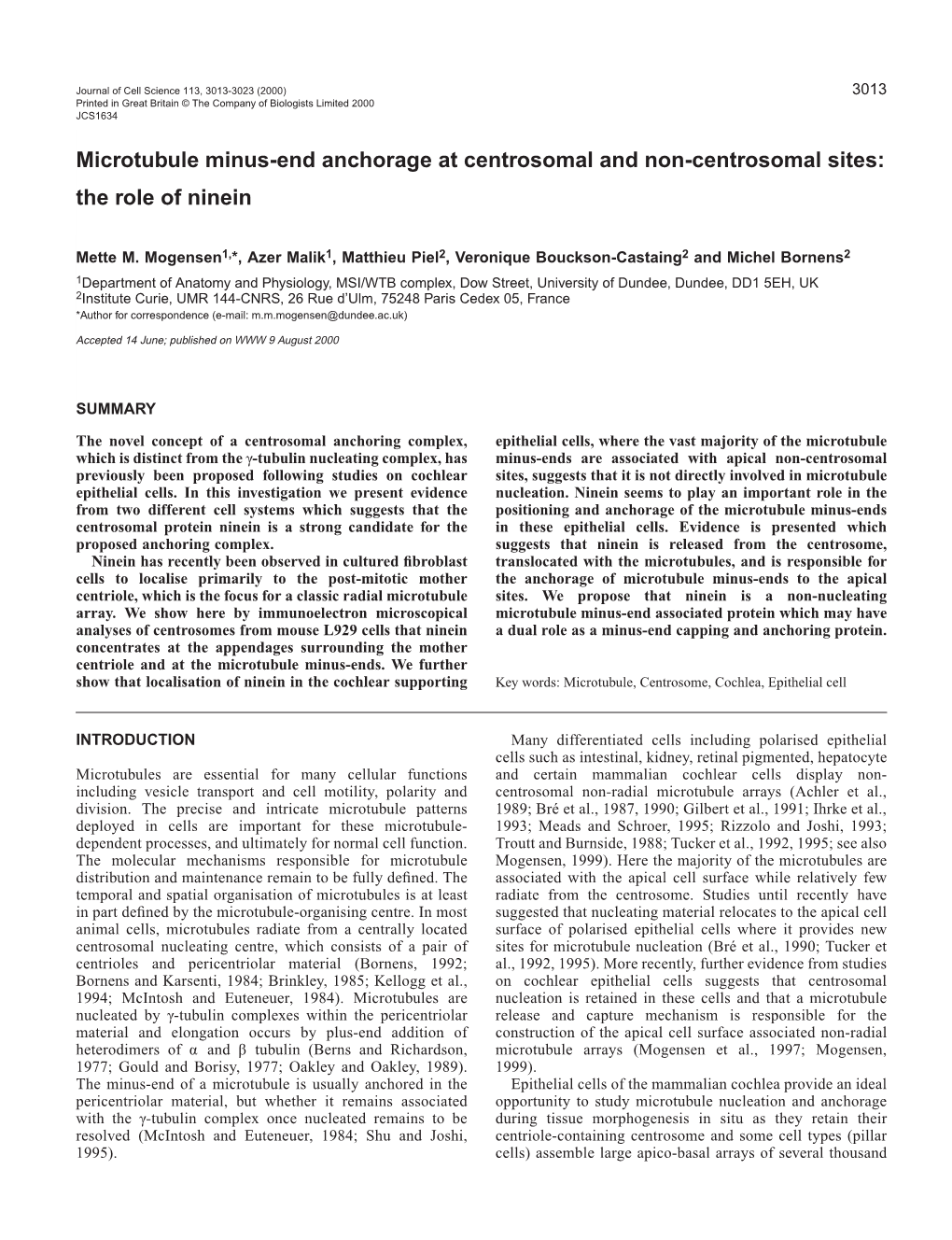 Ninein, a Microtubule Minus-End Anchoring Protein 3015 Analysis As Described Previously (Henderson Et Al., 1994)