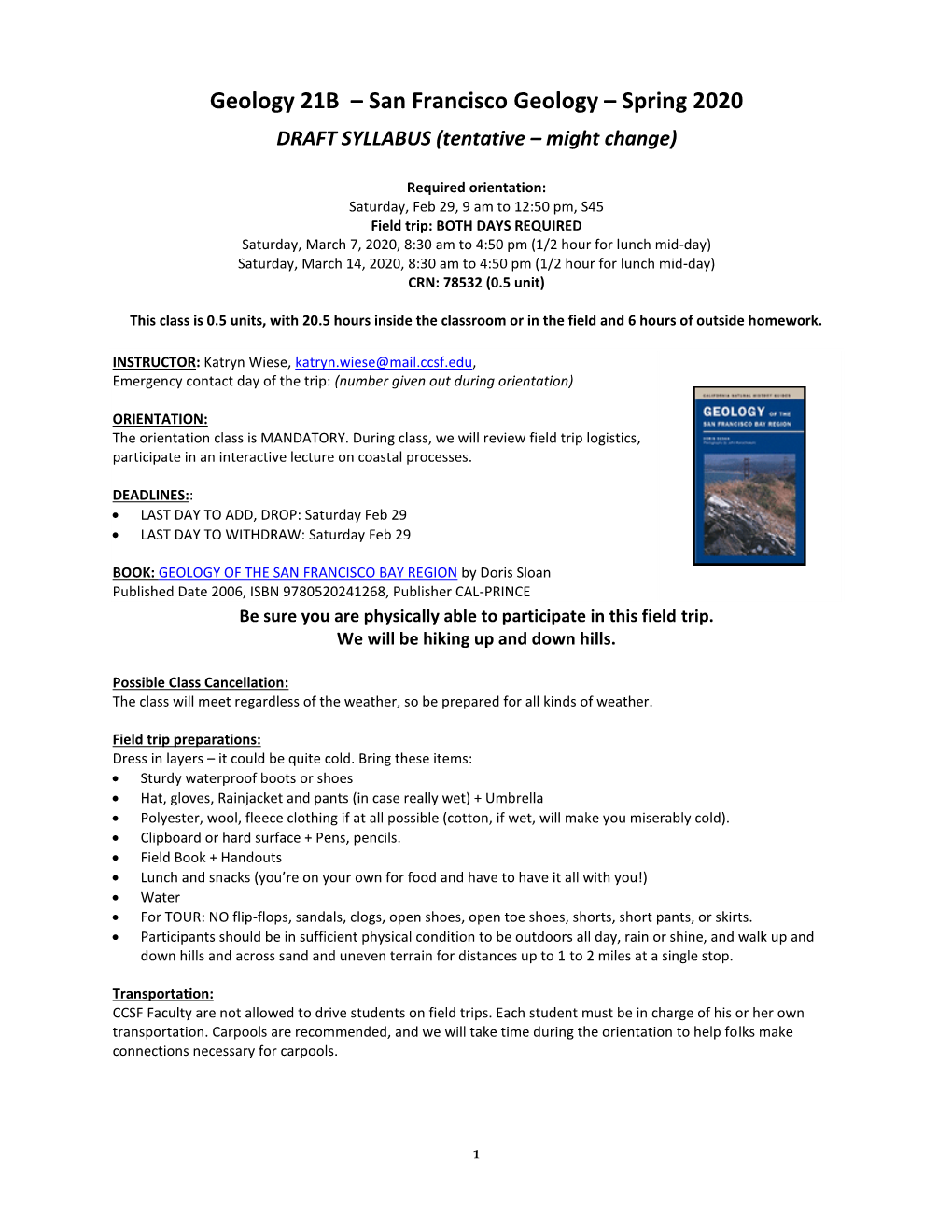Geology 21B – San Francisco Geology – Spring 2020 DRAFT SYLLABUS (Tentative – Might Change)