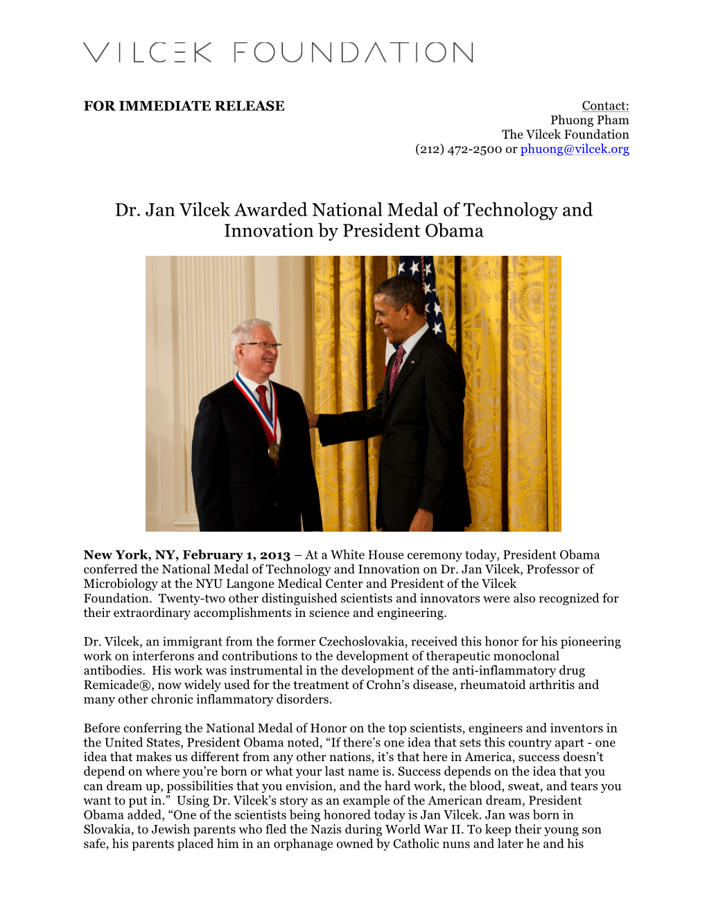 Dr. Jan Vilcek Awarded National Medal of Technology and Innovation by President Obama