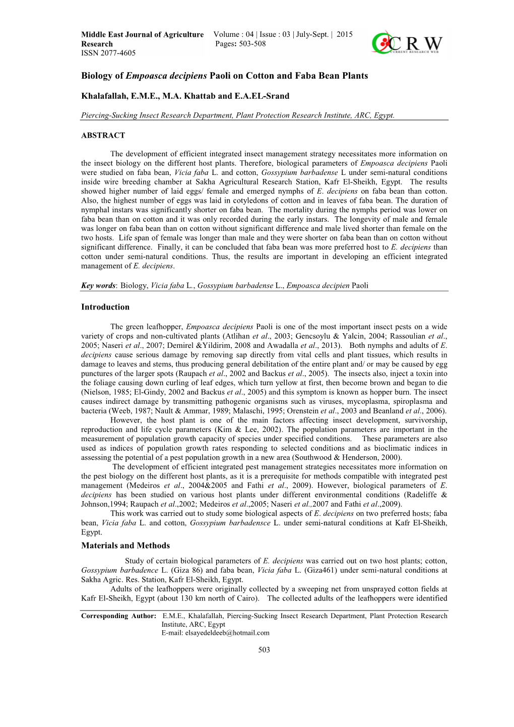 Biology of Empoasca Decipiens Paoli on Cotton and Faba Bean Plants