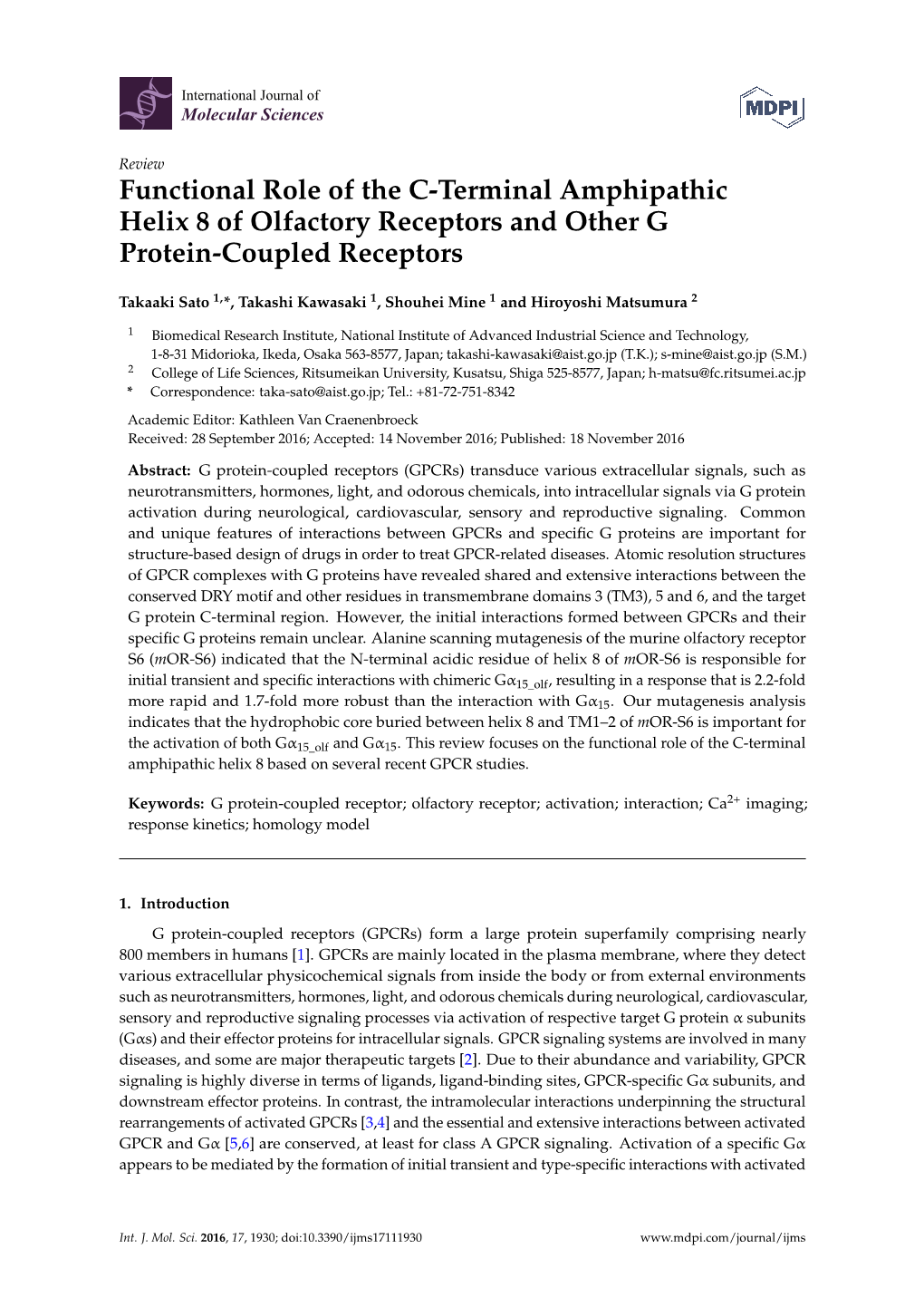 Functional Role of the C-Terminal Amphipathic Helix 8 of Olfactory Receptors and Other G Protein-Coupled Receptors