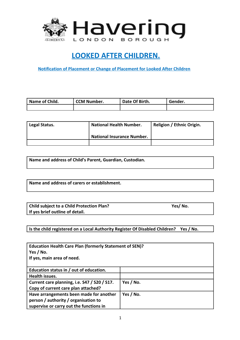 Notification of Placement Or Change of Placement for Looked After Children