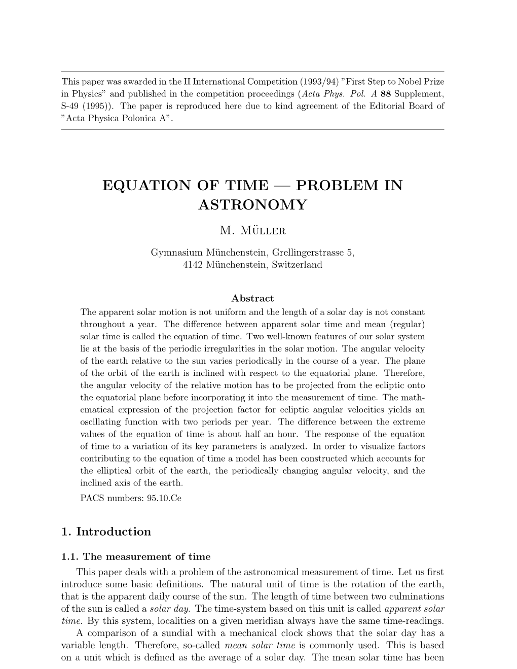 Equation of Time — Problem in Astronomy M